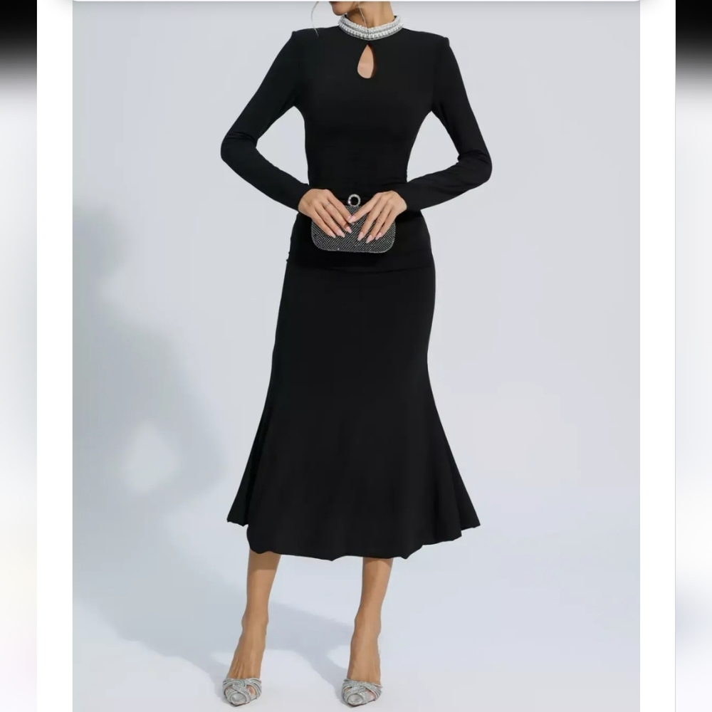 NOWT Catchall Christina Black Pearl Decorated LongSleeve Dress, Sz L - Picture 3 of 16